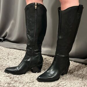 Black Knee-High Leather Cowgirl Boots